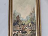 painting of a farm scene with a house in the background