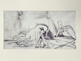 a black and white drawing of a woman laying on a bed