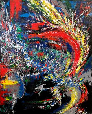 peinture abstraite représentant un tourbillon de rouge, jaune, bleu et vert