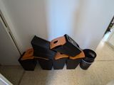 a pile of luggage sitting on the floor next to a door
