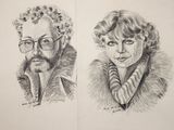 sketches of a man and a woman with glasses and a fur coat