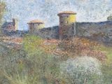 a painting of a castle in the middle of a field