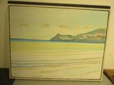 a picture of a painting of a beach with mountains in the background