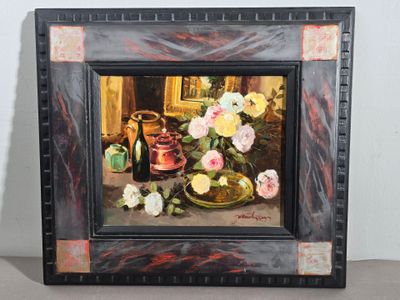une photo d'un tableau représentant des fleurs et des vases posés sur une table