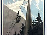 poster of a ski lift in front of a snowy mountain range