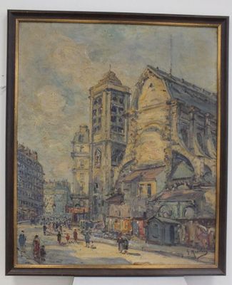tableau représentant une scène de rue avec des bâtiments et des personnages dans une ville