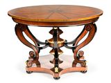 une image représentant une table ronde avec un plateau en bois et des pieds en métal
