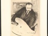 drawing of a man sitting at a table with a palette in his hand