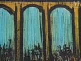 a picture of a painting of a building with blue and yellow paint