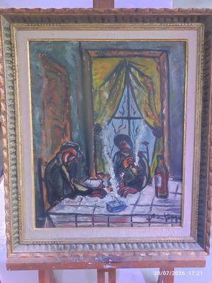 un tableau représentant deux personnes assises à une table devant une fenêtre