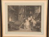a black and white drawing of a man and woman in a kitchen