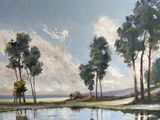 a painting of a lake with trees and a boat in it