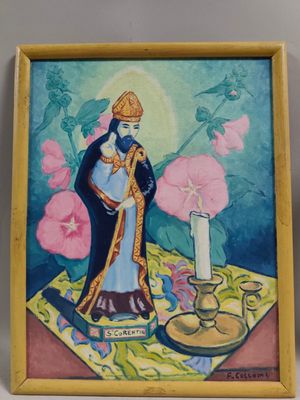 une peinture à l'huile représentant une femme tenant une bougie devant des fleurs