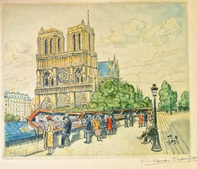 tableau représentant un groupe de personnes debout devant une cathédrale