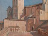 une peinture d'un bâtiment avec une tour d'horloge en arrière-plan