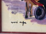 a painting of a horse pulling a wagon with a man in it