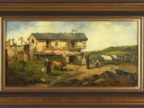 une peinture à l'huile représentant une scène de vie à la ferme avec un cheval et une charrette