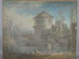 an old painting of a man and a woman in a river
