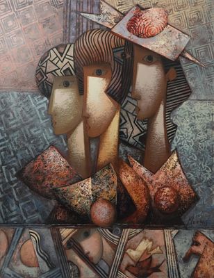 peinture abstraite représentant trois femmes coiffées de chapeaux
