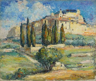 une peinture à l'huile représentant une maison sur une colline, avec des arbres au premier plan