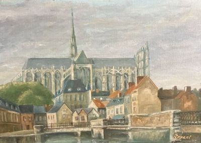 un tableau représentant une ville traversée par une rivière