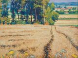 une peinture à l'huile représentant un champ d'herbe avec des arbres en arrière-plan