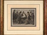 a painting of a group of men standing around a table
