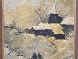 painting of two people walking down a snow covered path in front of a barn