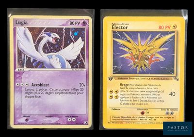 Deux cartes Pokémon sont représentées côte à côte sur un fond noir