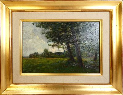 an oil painting of a tree in a field with a sky background