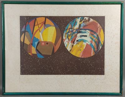 peinture représentant deux cercles de couleurs différentes sur un fond marron