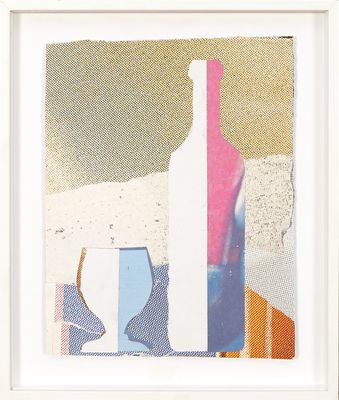 peinture abstraite représentant une bouteille de vin et un verre à vin posés sur une table