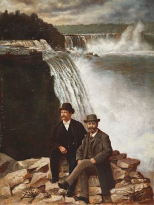 un tableau représentant deux hommes assis sur un rocher devant une cascade
