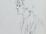 a black and white drawing of a man in a shirt