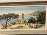 a picture of a painting of a village by the water