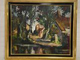 une peinture à l'huile représentant une maison au bord d'une rivière, dans un cadre doré