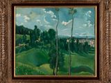 peinture d'un paysage avec des arbres et des collines en arrière-plan