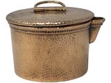a close up of a metal pot with a handle on a white background