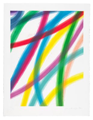 an abstract painting of multicolored lines on a white background