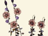 necklace and earring set with pink flowers and purple crystals