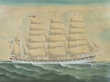 tableau représentant un voilier en pleine mer, arborant un drapeau