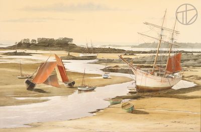 une peinture représentant un bateau sur la plage, près de l'eau