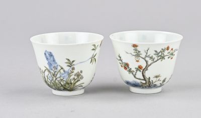paire de tasses en porcelaine chinoise ornées d'oiseaux et de fleurs