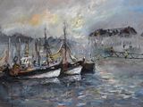 painting of boats in a harbor with a bridge in the background
