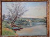 peinture à l'huile d'une scène de rivière avec des bateaux sur l'eau