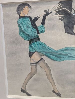 un tableau représentant une femme en robe bleue tenant un parapluie