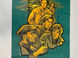 a green poster with a picture of a group of men