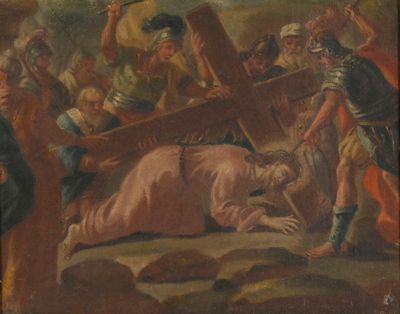 an image of a painting of a man carrying a cross on his head