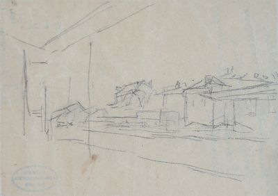 dessin représentant une rue avec des bâtiments et un lampadaire au loin