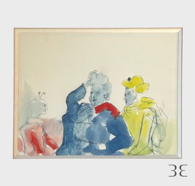 une peinture représentant un groupe de personnes assises sur un banc